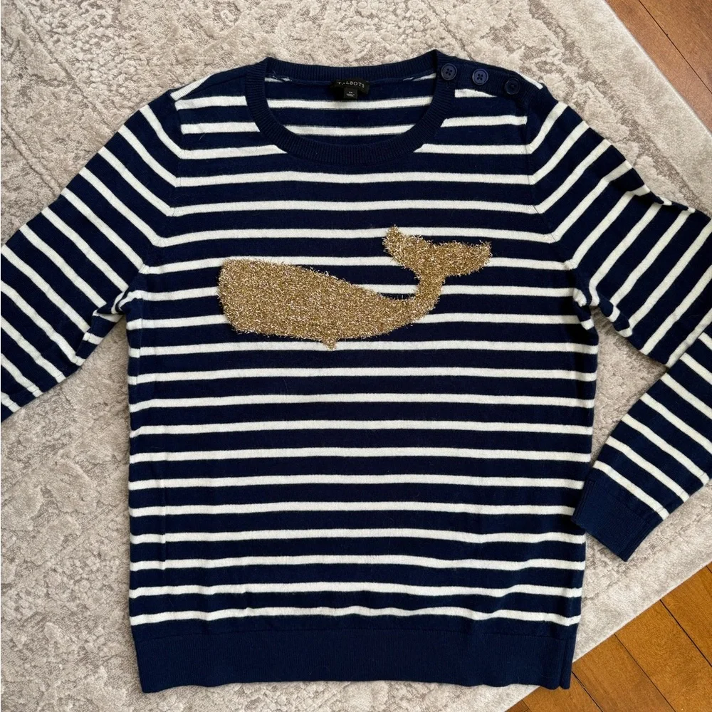 Talbots EUC Striped Metallic Whale Knit Pullover Sweater Navy White Gold M - Picture 4 of 12